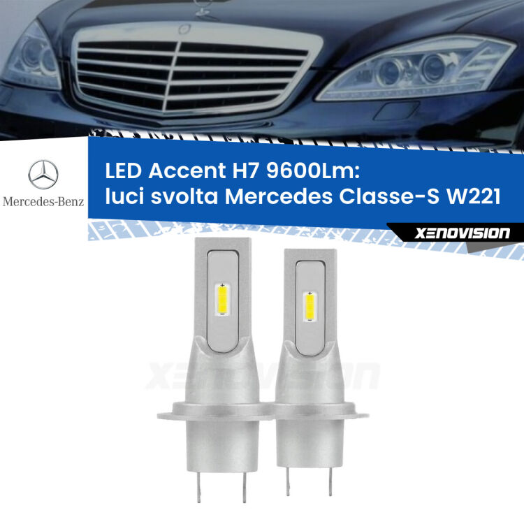 Luci svolta LED H7 9600Lm per Mercedes Classe-S W221 2005 - 2013 <strong>Kit LED Luci svolta per Mercedes Classe-S</strong> W221 2005 - 2013.</strong> Coppia lampade <strong>H7</strong> senza ventola e ultracompatte per installazioni in fari senza spazi.