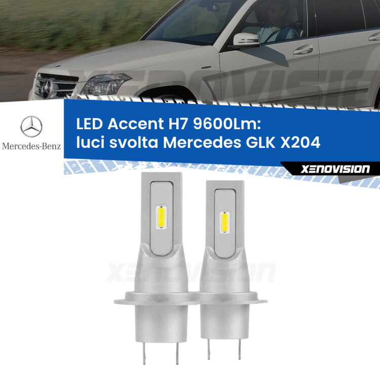 Luci svolta LED H7 9600Lm per Mercedes GLK X204 2008 - 2015 <strong>Kit LED Luci svolta per Mercedes GLK</strong> X204 2008 - 2015.</strong> Coppia lampade <strong>H7</strong> senza ventola e ultracompatte per installazioni in fari senza spazi.