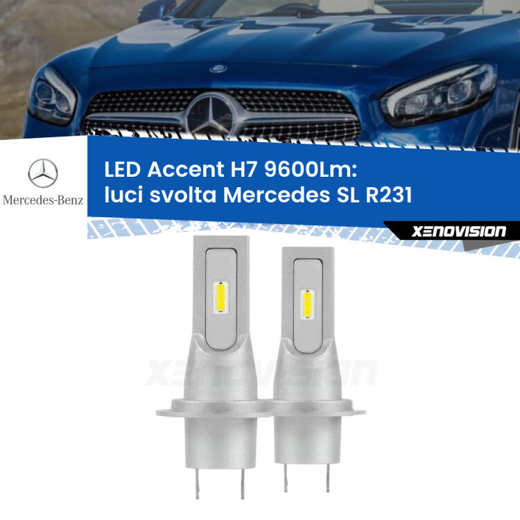 Luci svolta LED H7 9600Lm per Mercedes SL R231 2012 in poi <strong>Kit LED Luci svolta per Mercedes SL</strong> R231 2012 in poi.</strong> Coppia lampade <strong>H7</strong> senza ventola e ultracompatte per installazioni in fari senza spazi.