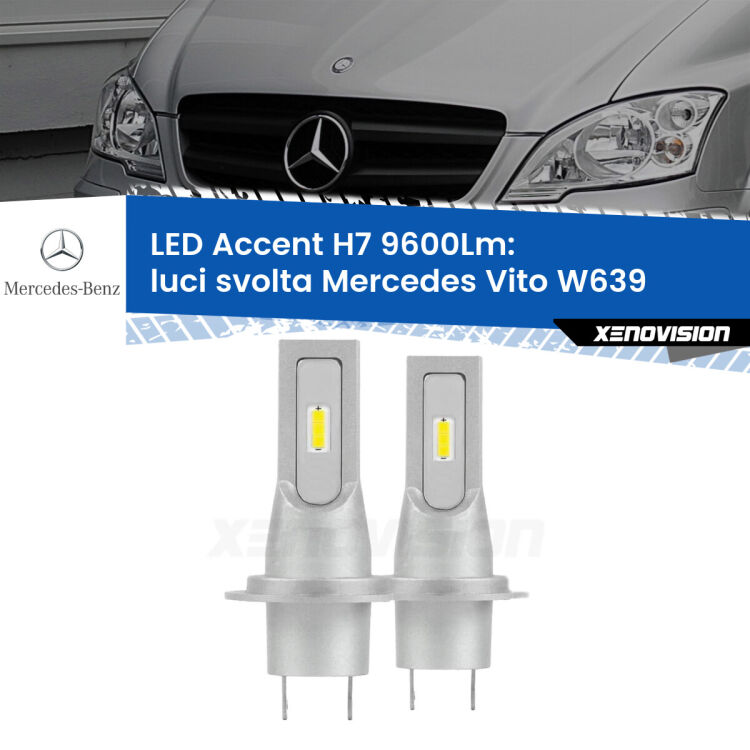 <strong>Kit LED Luci svolta per Mercedes Vito</strong> W639 2011 - 2012.</strong> Coppia lampade <strong>H7</strong> senza ventola e ultracompatte per installazioni in fari senza spazi.