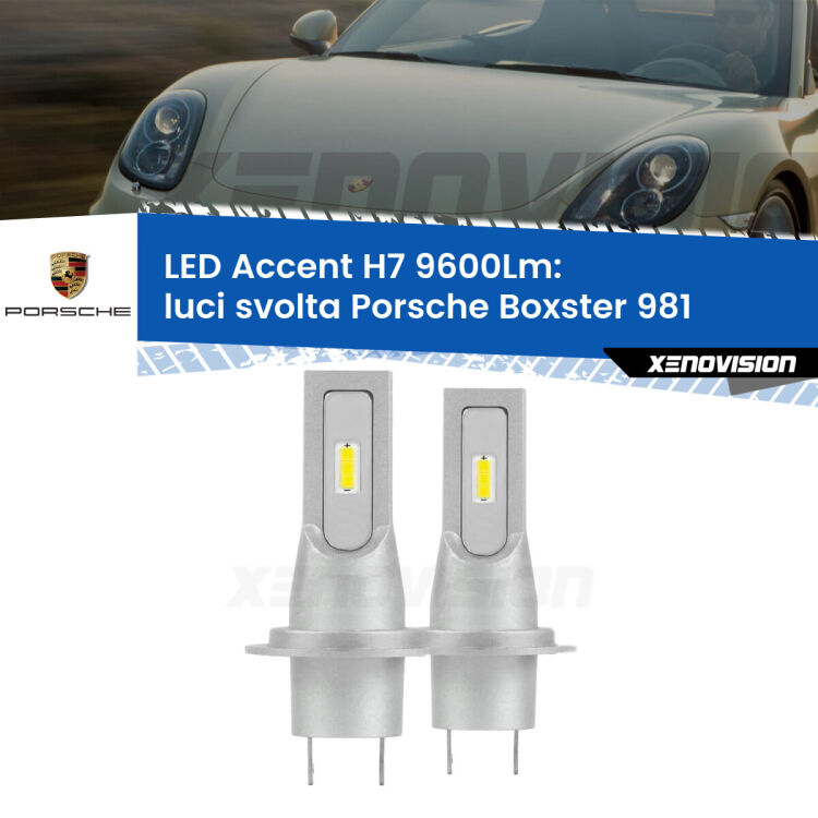 <strong>Kit LED Luci svolta per Porsche Boxster</strong> 981 2012 in poi.</strong> Coppia lampade <strong>H7</strong> senza ventola e ultracompatte per installazioni in fari senza spazi.