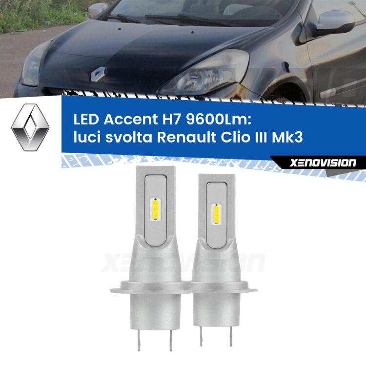 Luci svolta LED H7 9600Lm per Renault Clio III  2005 - 2011 <strong>Kit LED Luci svolta per Renault Clio III</strong>  2005 - 2011.</strong> Coppia lampade <strong>H7</strong> senza ventola e ultracompatte per installazioni in fari senza spazi.