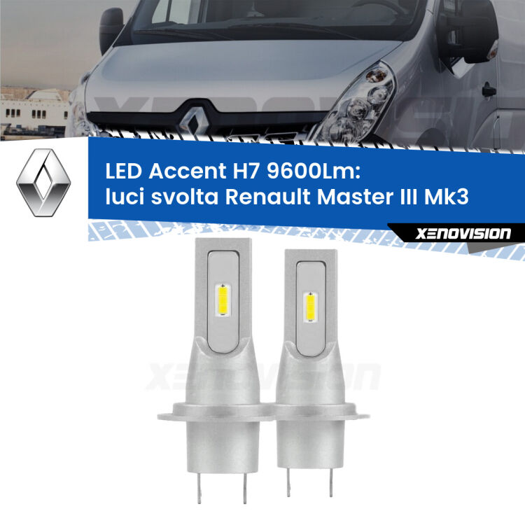 Luci svolta LED H7 9600Lm per Renault Master III Mk3 2010 in poi <strong>Kit LED Luci svolta per Renault Master III</strong> Mk3 2010 in poi.</strong> Coppia lampade <strong>H7</strong> senza ventola e ultracompatte per installazioni in fari senza spazi.