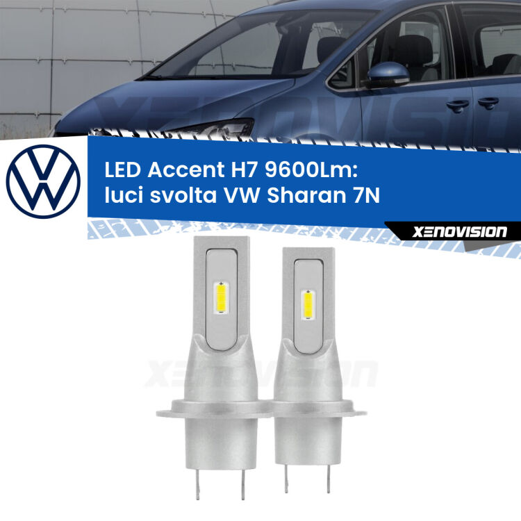 <strong>Kit LED Luci svolta per VW Sharan</strong> 7N 2010 - 2019.</strong> Coppia lampade <strong>H7</strong> senza ventola e ultracompatte per installazioni in fari senza spazi.