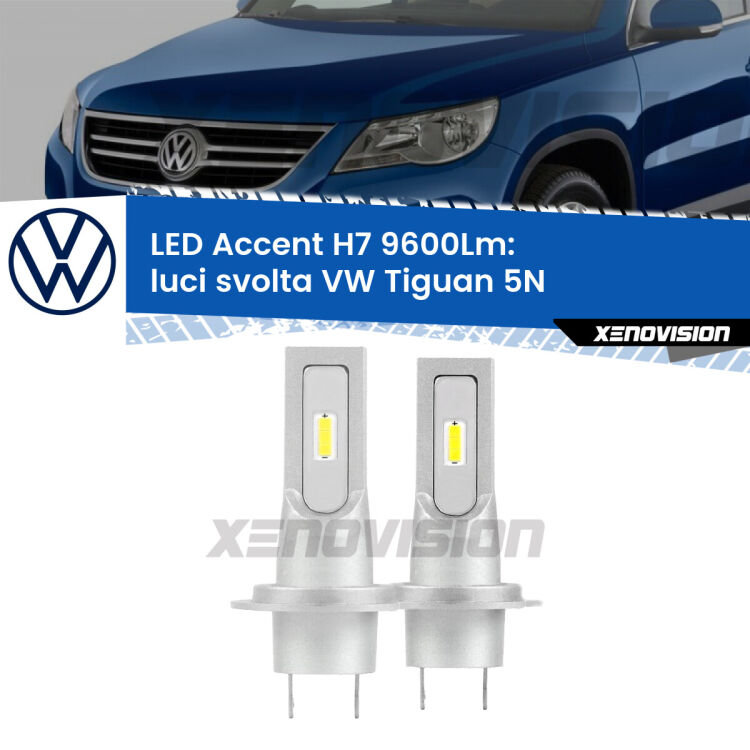 <strong>Kit LED Luci svolta per VW Tiguan</strong> 5N 2007 - 2018.</strong> Coppia lampade <strong>H7</strong> senza ventola e ultracompatte per installazioni in fari senza spazi.
