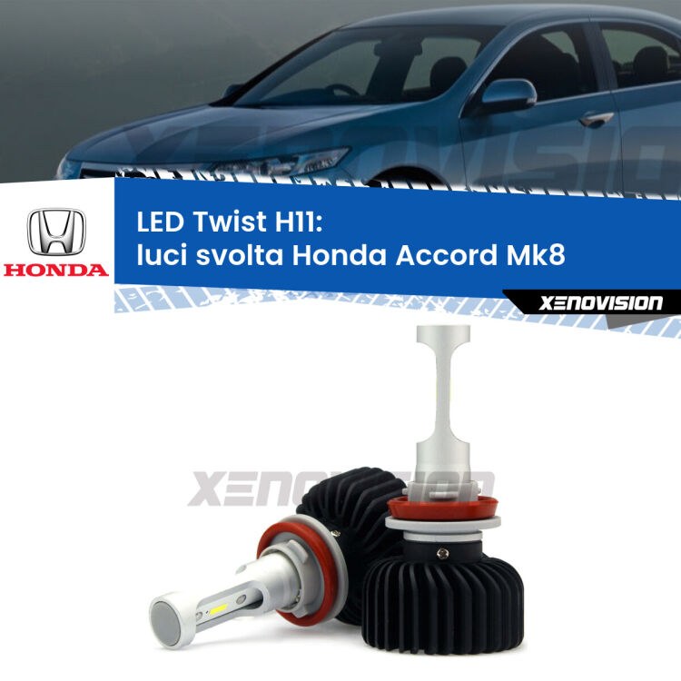 <strong>Kit luci svolta LED</strong> H11 per <strong>Honda Accord</strong> Mk8 2012 - 2015. Compatte, impermeabili, senza ventola: praticamente indistruttibili. Top Quality.