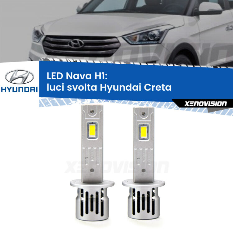 Luci svolta LED Hyundai Creta  2016 - 2018: H1 Nava <strong>Luci svolta LED no-spie per Hyundai Creta</strong>  2016 - 2018. Coppia lampade <strong> H1</strong> modello Nava canbus, raffreddate a ventola.