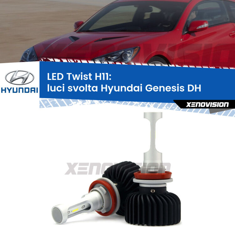 <strong>Kit luci svolta LED</strong> H11 per <strong>Hyundai Genesis</strong> DH 2014 in poi. Compatte, impermeabili, senza ventola: praticamente indistruttibili. Top Quality.