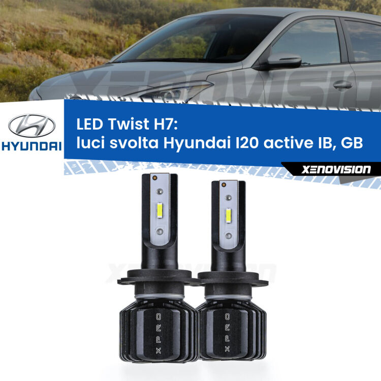 <strong>Kit luci svolta LED</strong> H7 per <strong>Hyundai I20 active</strong> IB, GB 2015 in poi. Compatte, impermeabili, senza ventola: praticamente indistruttibili. Top Quality.