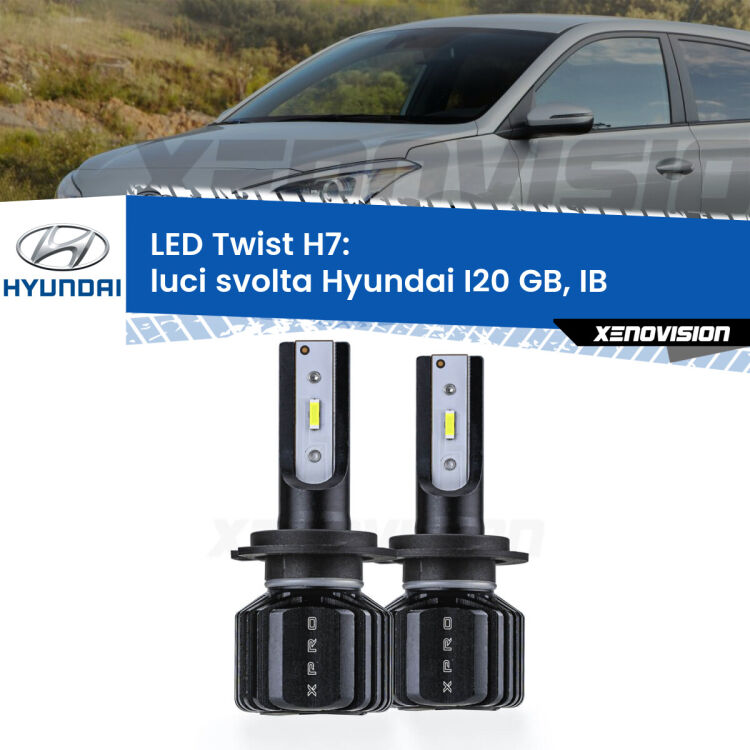 <strong>Kit luci svolta LED</strong> H7 per <strong>Hyundai I20</strong> GB, IB 2014 in poi. Compatte, impermeabili, senza ventola: praticamente indistruttibili. Top Quality.