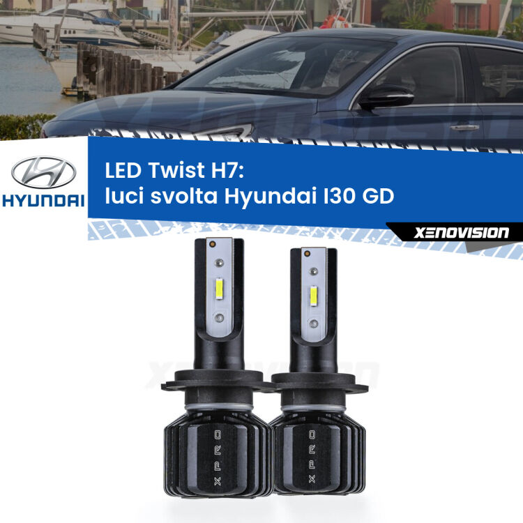 <strong>Kit luci svolta LED</strong> H7 per <strong>Hyundai I30</strong> GD 2011 - 2017. Compatte, impermeabili, senza ventola: praticamente indistruttibili. Top Quality.