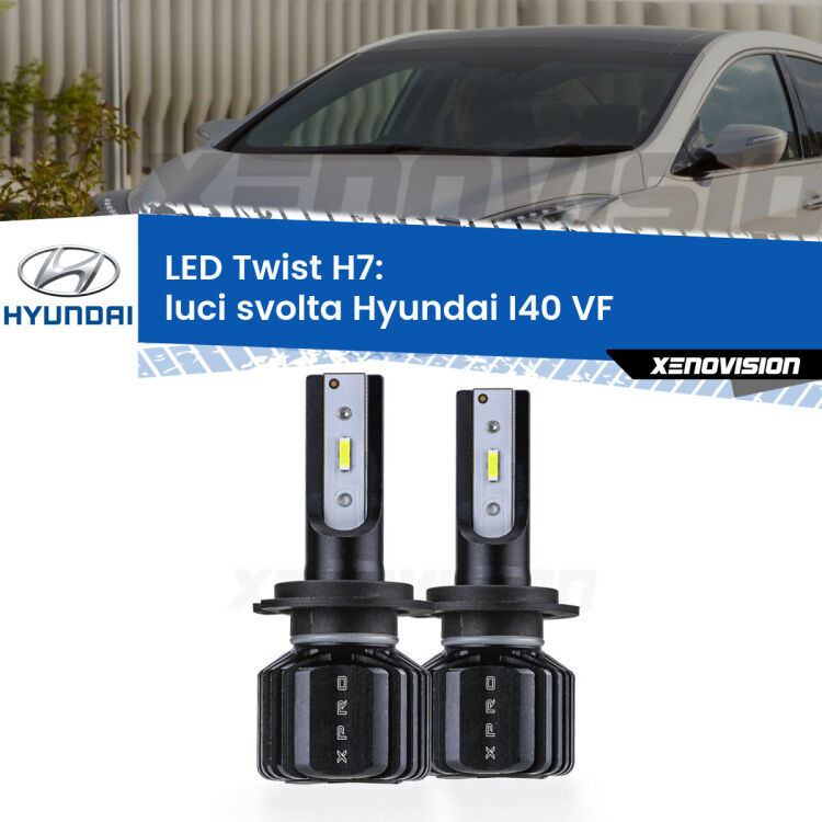 <strong>Kit luci svolta LED</strong> H7 per <strong>Hyundai I40</strong> VF 2012 in poi. Compatte, impermeabili, senza ventola: praticamente indistruttibili. Top Quality.
