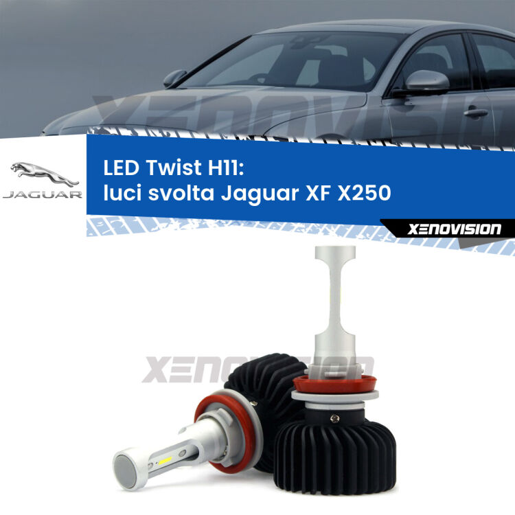 <strong>Kit luci svolta LED</strong> H11 per <strong>Jaguar XF</strong> X250 2007 - 2011. Compatte, impermeabili, senza ventola: praticamente indistruttibili. Top Quality.