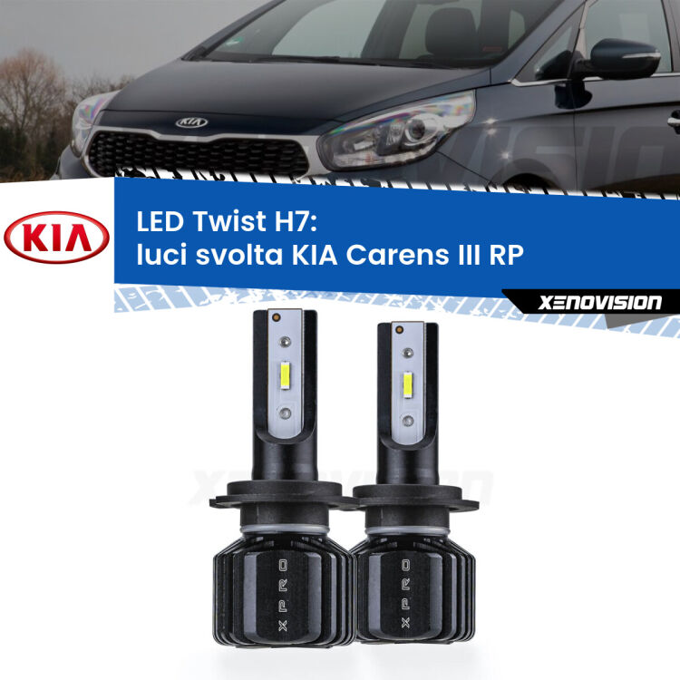 <strong>Kit luci svolta LED</strong> H7 per <strong>KIA Carens III</strong> RP 2012 - 2021. Compatte, impermeabili, senza ventola: praticamente indistruttibili. Top Quality.