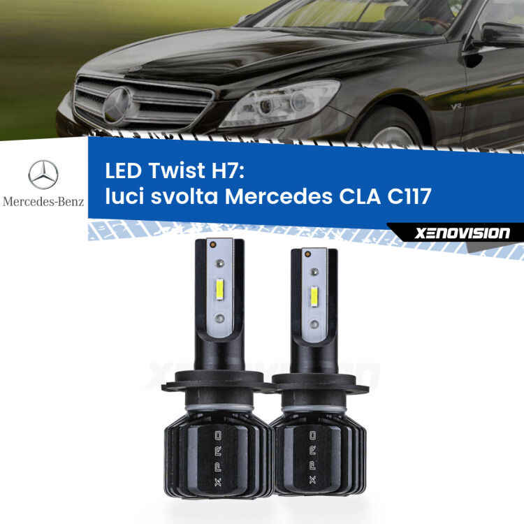 <strong>Kit luci svolta LED</strong> H7 per <strong>Mercedes CLA</strong> C117 2012 - 2019. Compatte, impermeabili, senza ventola: praticamente indistruttibili. Top Quality.