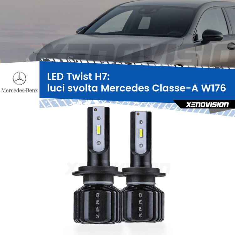 <strong>Kit luci svolta LED</strong> H7 per <strong>Mercedes Classe-A</strong> W176 2012 - 2018. Compatte, impermeabili, senza ventola: praticamente indistruttibili. Top Quality.