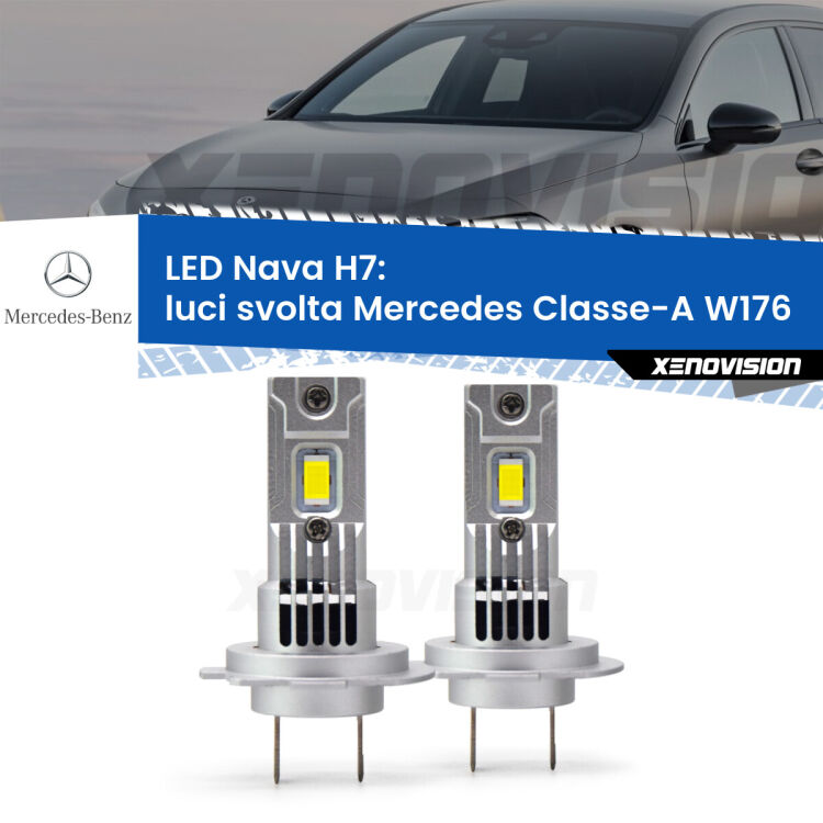 Luci svolta LED Mercedes Classe-A W176 2012 - 2018: H7 Nava <strong>Luci svolta LED no-spie per Mercedes Classe-A</strong> W176 2012 - 2018. Coppia lampade <strong>H7</strong> modello Nava canbus, raffreddate a ventola.