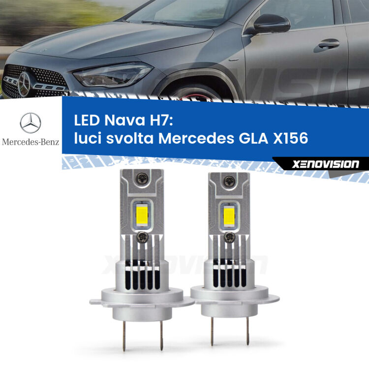 Luci svolta LED Mercedes GLA X156 2013 in poi: H7 Nava <strong>Luci svolta LED no-spie per Mercedes GLA</strong> X156 2013 in poi. Coppia lampade <strong>H7</strong> modello Nava canbus, raffreddate a ventola.