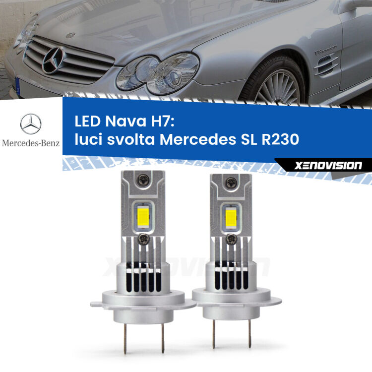 Luci svolta LED Mercedes SL R230 2001 - 2012: H7 Nava <strong>Luci svolta LED no-spie per Mercedes SL</strong> R230 2001 - 2012. Coppia lampade <strong>H7</strong> modello Nava canbus, raffreddate a ventola.