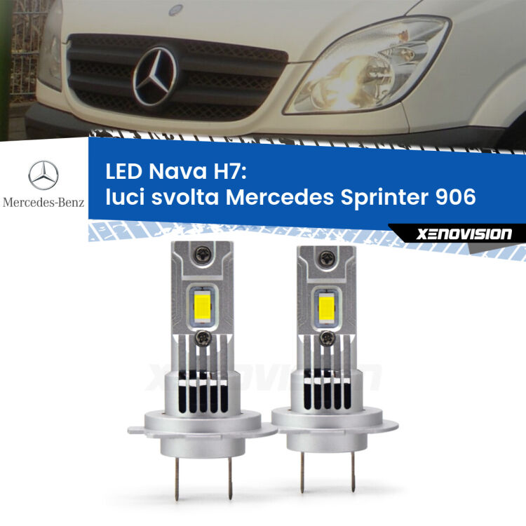 Luci svolta LED Mercedes Sprinter 906 2006 - 2018: H7 Nava <strong>Luci svolta LED no-spie per Mercedes Sprinter</strong> 906 2006 - 2018. Coppia lampade <strong>H7</strong> modello Nava canbus, raffreddate a ventola.