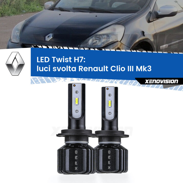 <strong>Kit luci svolta LED</strong> H7 per <strong>Renault Clio III</strong> Mk3 2005 - 2011. Compatte, impermeabili, senza ventola: praticamente indistruttibili. Top Quality.
