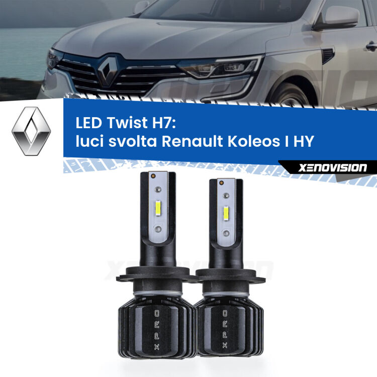<strong>Kit luci svolta LED</strong> H7 per <strong>Renault Koleos I</strong> HY 2006 - 2015. Compatte, impermeabili, senza ventola: praticamente indistruttibili. Top Quality.