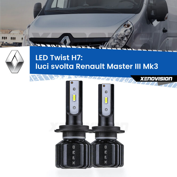 <strong>Kit luci svolta LED</strong> H7 per <strong>Renault Master III</strong> Mk3 2010 in poi. Compatte, impermeabili, senza ventola: praticamente indistruttibili. Top Quality.