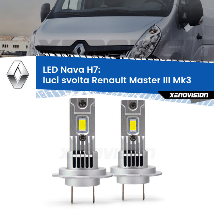 0 Luci svolta LED Renault Master III Mk3 2010 in poi: H7 Nava <strong>Luci svolta LED no-spie per Renault Master III</strong> Mk3 2010 in poi. Coppia lampade <strong>H7</strong> modello Nava canbus, raffreddate a ventola.
