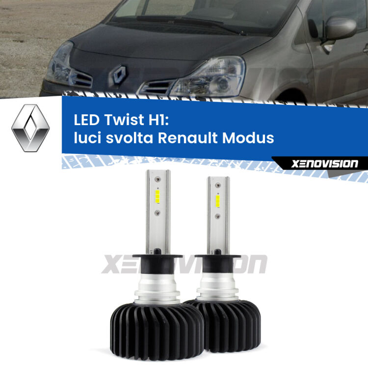 <strong>Kit luci svolta LED</strong> H1 per <strong>Renault Modus</strong>  2008 - 2012. Compatte, impermeabili, senza ventola: praticamente indistruttibili. Top Quality.