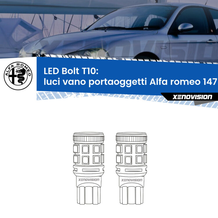 0 Luci Vano Portaoggetti LED Alfa romeo 147 2000 - 2010: T10 Bolt <strong>Luci Vano Portaoggetti LED per Alfa romeo 147</strong> 2000 - 2010. Coppia lampade <strong>T10</strong> modello Bolt canbus.
