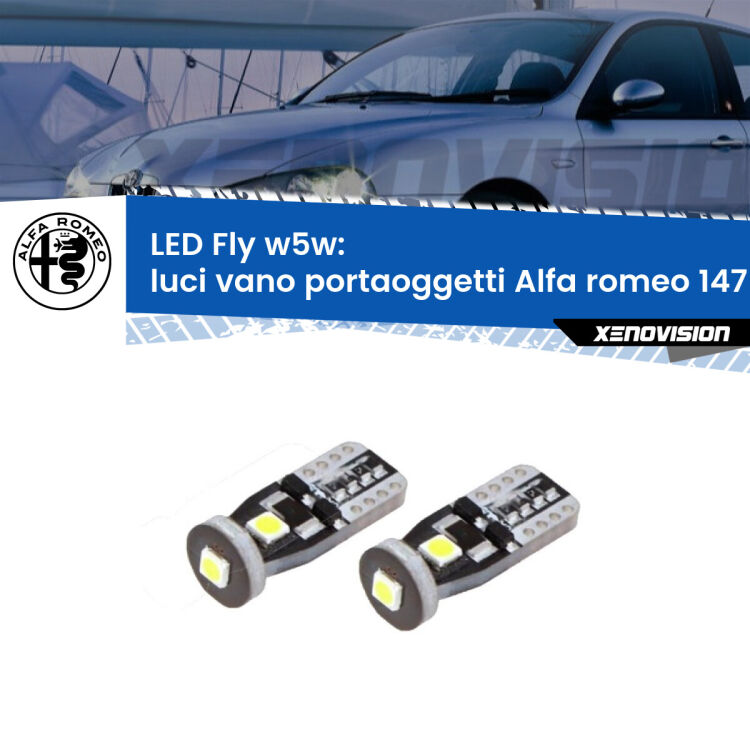 0 Luci Vano Portaoggetti LED Alfa romeo 147 2000 - 2010: W5W Fly <strong>luci vano portaoggetti LED per Alfa romeo 147</strong> 2000 - 2010. Coppia lampadine <strong>w5w</strong> Canbus compatte modello Fly Xenovision.