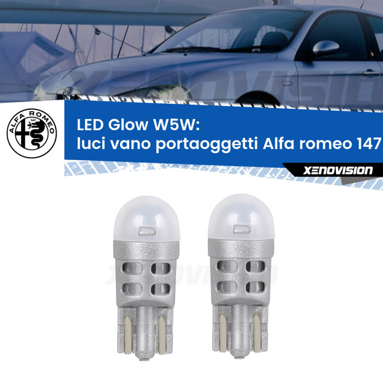 Luci Vano Portaoggetti LED Alfa romeo 147 2000 - 2010: W5W Glow a Luce Calda <strong>Luci Vano Portaoggetti LED luce calda per Alfa romeo 147</strong> 2000 - 2010. Coppia lampade <strong>W5W</strong> modello Glow di Xenovision.