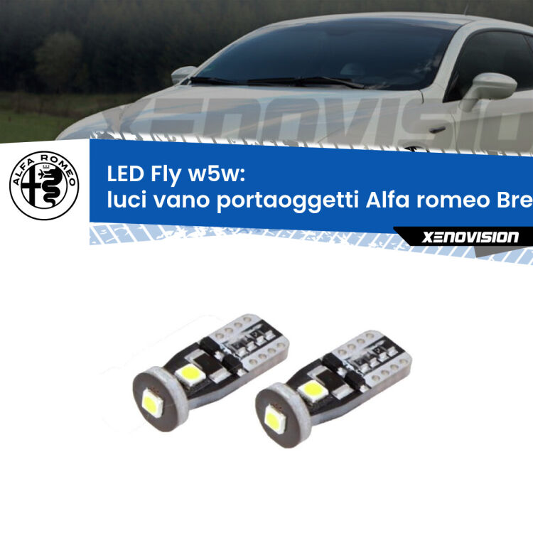 Luci Vano Portaoggetti LED Alfa romeo Brera  2006 - 2010: W5W Fly <strong>luci vano portaoggetti LED per Alfa romeo Brera</strong>  2006 - 2010. Coppia lampadine <strong>w5w</strong> Canbus compatte modello Fly Xenovision.