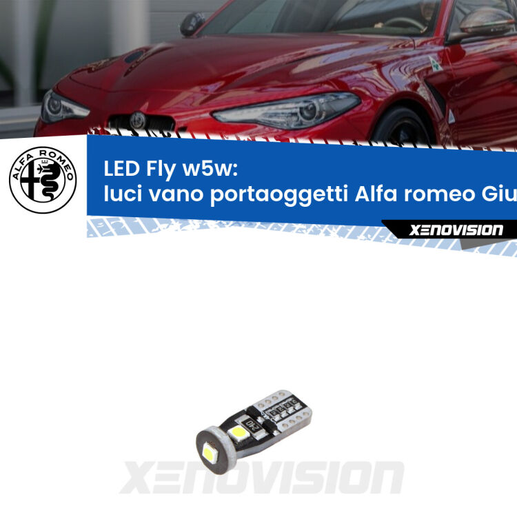 <strong>luci vano portaoggetti LED per Alfa romeo Giulia</strong>  2015 in poi. Coppia lampadine <strong>w5w</strong> Canbus compatte modello Fly Xenovision.