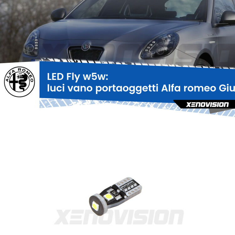 <strong>luci vano portaoggetti LED per Alfa romeo Giulietta</strong>  2010 in poi. Coppia lampadine <strong>w5w</strong> Canbus compatte modello Fly Xenovision.
