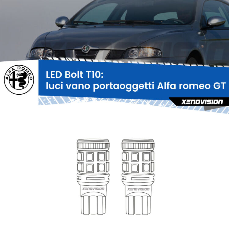 Luci Vano Portaoggetti LED Alfa romeo GT  2003 - 2010: T10 Bolt <strong>Luci Vano Portaoggetti LED per Alfa romeo GT</strong>  2003 - 2010. Coppia lampade <strong>T10</strong> modello Bolt canbus.
