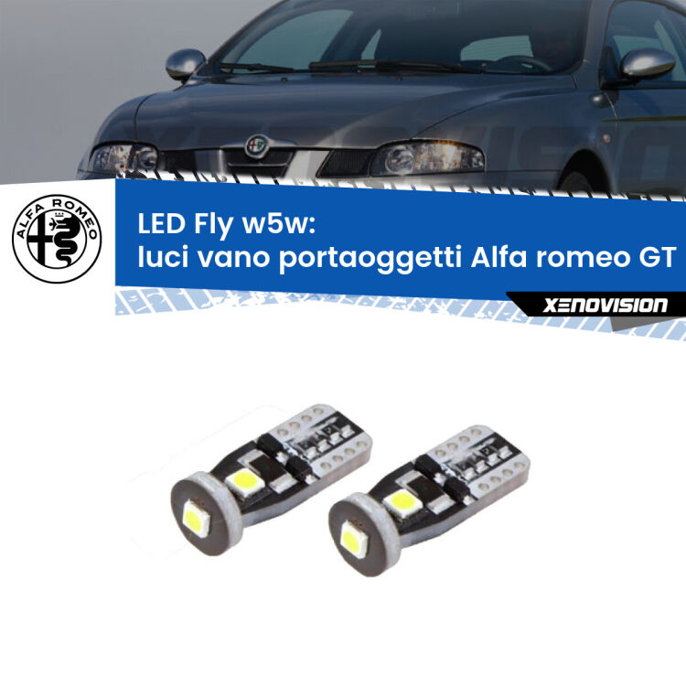 Luci Vano Portaoggetti LED Alfa romeo GT  2003 - 2010: W5W Fly <strong>luci vano portaoggetti LED per Alfa romeo GT</strong>  2003 - 2010. Coppia lampadine <strong>w5w</strong> Canbus compatte modello Fly Xenovision.