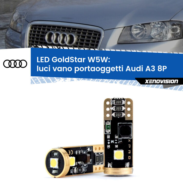 0 Luci Vano Portaoggetti LED Audi A3 8P 2003 - 2012: T10 GoldStar <strong>Luci Vano Portaoggetti LED Audi A3</strong> 8P 2003 - 2012: ottima luminosità a 360 gradi. Si inseriscono ovunque. Canbus, Top Quality.