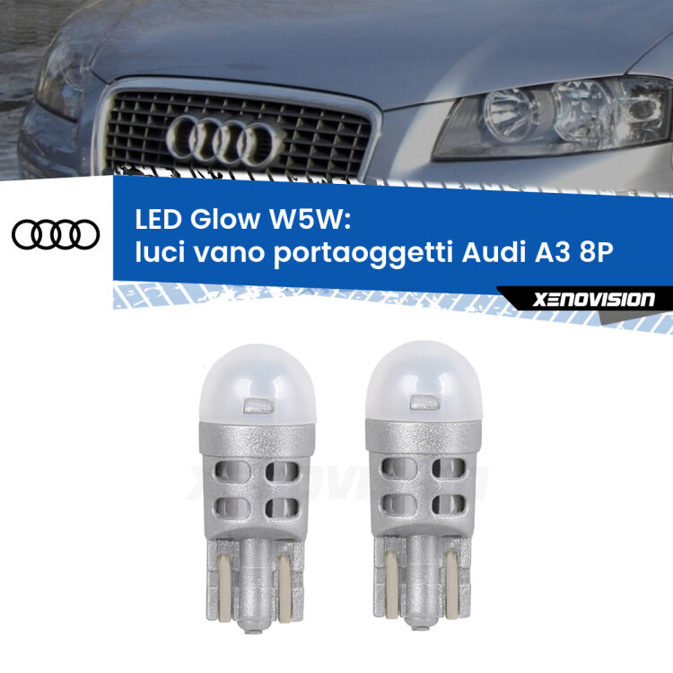 0 Luci Vano Portaoggetti LED Audi A3 8P 2003 - 2012: W5W Glow a Luce Calda <strong>Luci Vano Portaoggetti LED luce calda per Audi A3</strong> 8P 2003 - 2012. Coppia lampade <strong>W5W</strong> modello Glow di Xenovision.