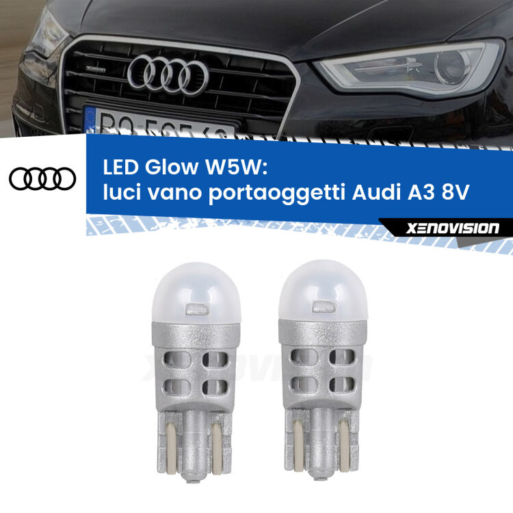 Luci Vano Portaoggetti LED Audi A3 8V 2013 - 2020: W5W Glow a Luce Calda <strong>Luci Vano Portaoggetti LED luce calda per Audi A3</strong> 8V 2013 - 2020. Coppia lampade <strong>W5W</strong> modello Glow di Xenovision.