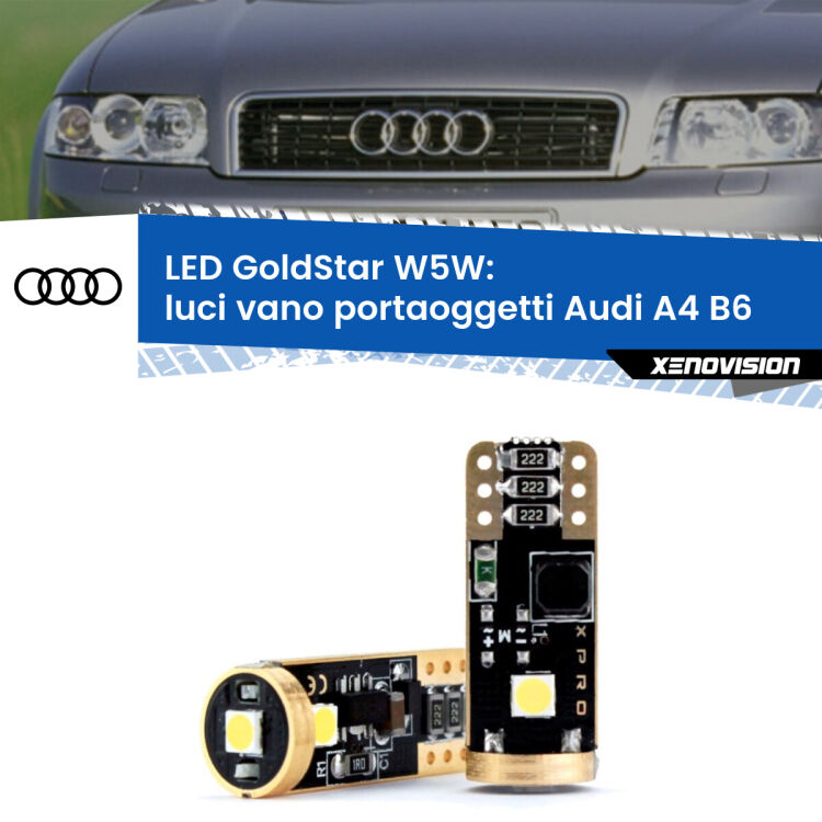 0 Luci Vano Portaoggetti LED Audi A4 B6 2000 - 2004: T10 GoldStar <strong>Luci Vano Portaoggetti LED Audi A4</strong> B6 2000 - 2004: ottima luminosità a 360 gradi. Si inseriscono ovunque. Canbus, Top Quality.
