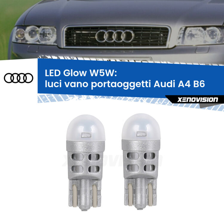 Luci Vano Portaoggetti LED Audi A4 B6 2000 - 2004: W5W Glow a Luce Calda <strong>Luci Vano Portaoggetti LED luce calda per Audi A4</strong> B6 2000 - 2004. Coppia lampade <strong>W5W</strong> modello Glow di Xenovision.