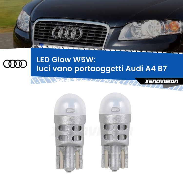 Luci Vano Portaoggetti LED Audi A4 B7 2004 - 2008: W5W Glow a Luce Calda <strong>Luci Vano Portaoggetti LED luce calda per Audi A4</strong> B7 2004 - 2008. Coppia lampade <strong>W5W</strong> modello Glow di Xenovision.