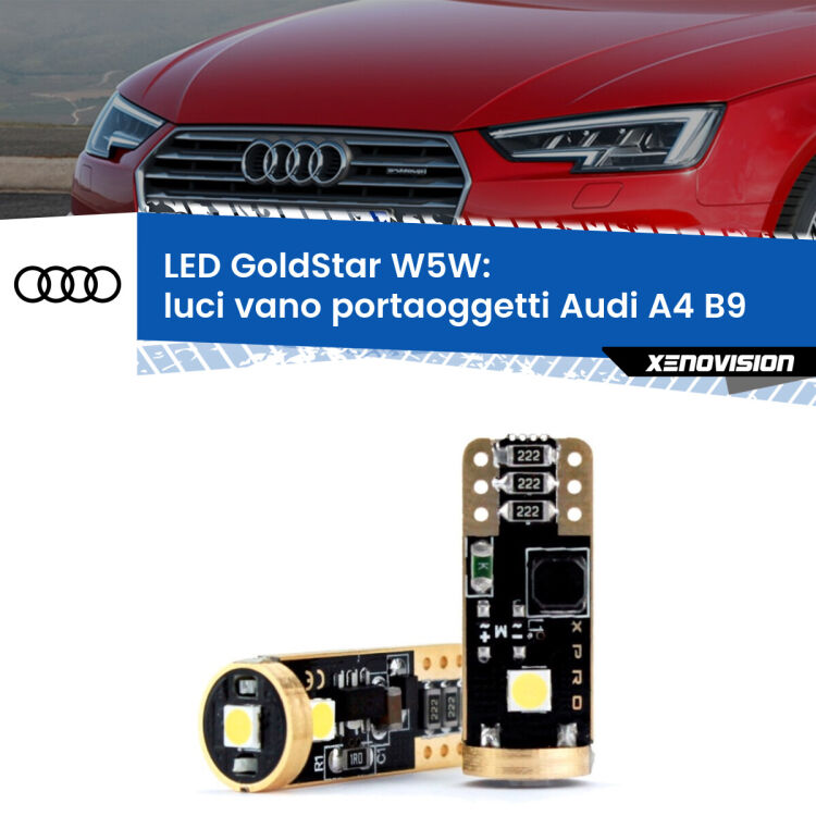 0 Luci Vano Portaoggetti LED Audi A4 B9 2015 - 2019: T10 GoldStar <strong>Luci Vano Portaoggetti LED Audi A4</strong> B9 2015 - 2019: ottima luminosità a 360 gradi. Si inseriscono ovunque. Canbus, Top Quality.