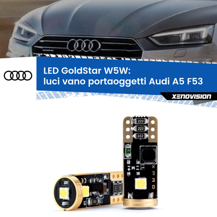 0 Luci Vano Portaoggetti LED Audi A5 F53 2016 - 2020: T10 GoldStar <strong>Luci Vano Portaoggetti LED Audi A5</strong> F53 2016 - 2020: ottima luminosità a 360 gradi. Si inseriscono ovunque. Canbus, Top Quality.