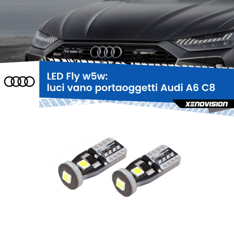 0 Luci Vano Portaoggetti LED Audi A6 C8 2018 in poi: W5W Fly <strong>luci vano portaoggetti LED per Audi A6</strong> C8 2018 in poi. Coppia lampadine <strong>w5w</strong> Canbus compatte modello Fly Xenovision.
