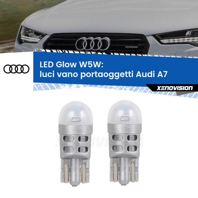 0 Luci Vano Portaoggetti LED Audi A7 2010 - 2018: W5W Glow a Luce Calda <strong>Luci Vano Portaoggetti LED luce calda per Audi A7</strong> 2010 - 2018. Coppia lampade <strong>W5W</strong> modello Glow di Xenovision.