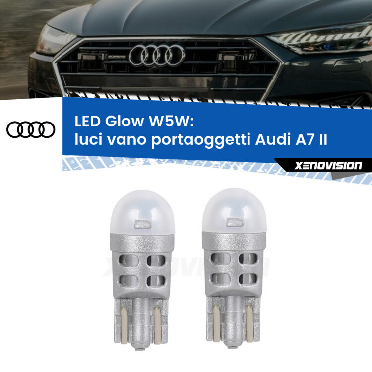 Luci Vano Portaoggetti LED Audi A7 II 2019 in poi: W5W Glow a Luce Calda <strong>Luci Vano Portaoggetti LED luce calda per Audi A7</strong> II 2019 in poi. Coppia lampade <strong>W5W</strong> modello Glow di Xenovision.