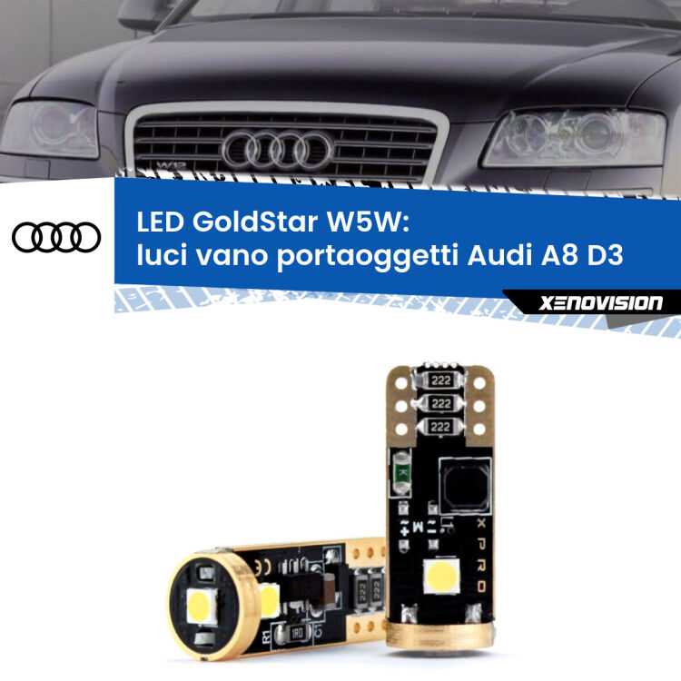 0 Luci Vano Portaoggetti LED Audi A8 D3 2002 - 2009: T10 GoldStar <strong>Luci Vano Portaoggetti LED Audi A8</strong> D3 2002 - 2009: ottima luminosità a 360 gradi. Si inseriscono ovunque. Canbus, Top Quality.
