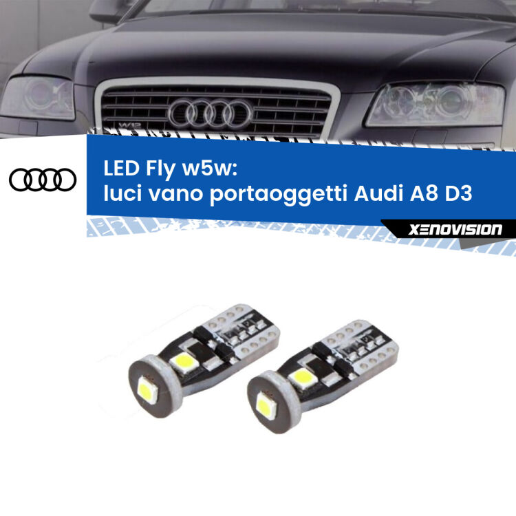 0 Luci Vano Portaoggetti LED Audi A8 D3 2002 - 2009: W5W Fly <strong>luci vano portaoggetti LED per Audi A8</strong> D3 2002 - 2009. Coppia lampadine <strong>w5w</strong> Canbus compatte modello Fly Xenovision.